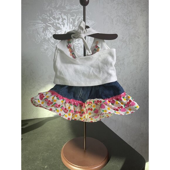 Build-A-Bear Workshop 2-Piece Outfit White Halter Top Denim Skirt Floral Print - Picture 2 of 7